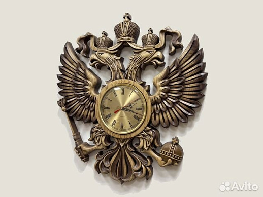 Часы герб РФ резной из дерева ясень купить с доставкой Часы герб РФ резной из дерева ясень